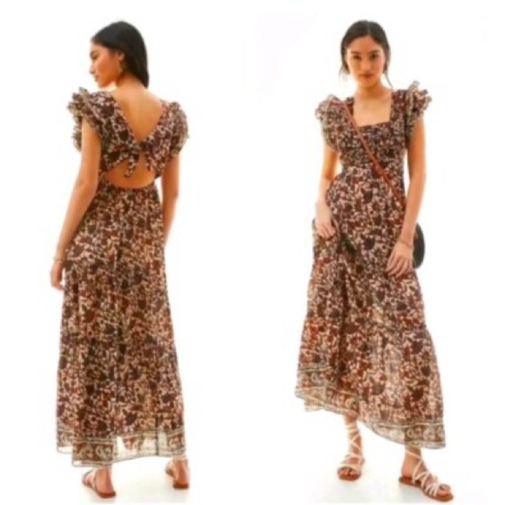 Host Pick ⚡️ House of Harlow 1960 Brown Cream Boho Floral Maxi Dress sz Small